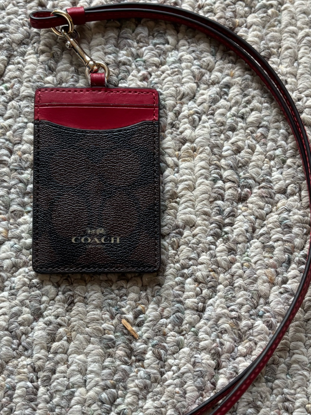 Coach Black Textured Leather Card Holder with Red Trim and Lanyard